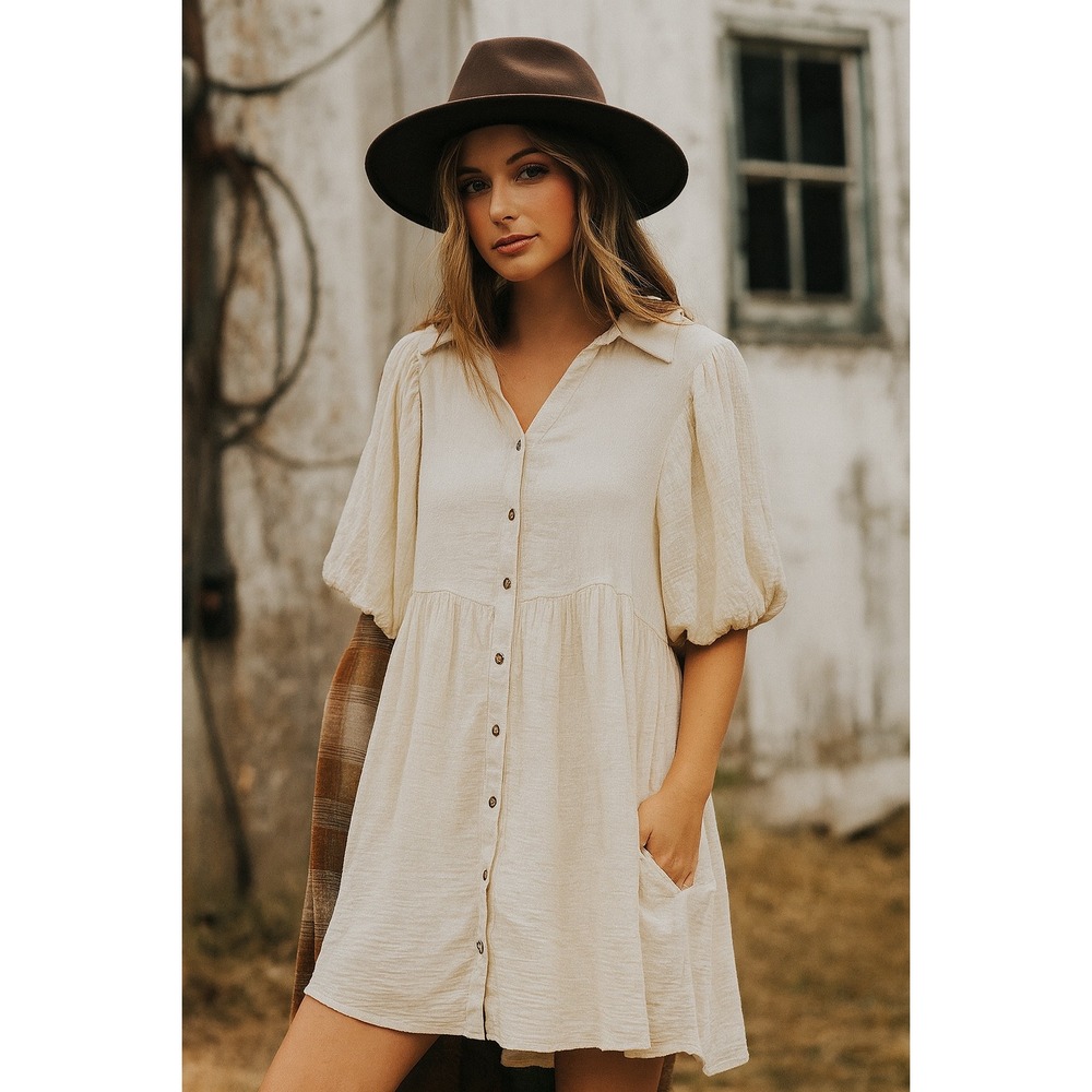 Easel Los Angeles Button Down‎ Mini Dress Cottagecore Short Sleeve Womens
